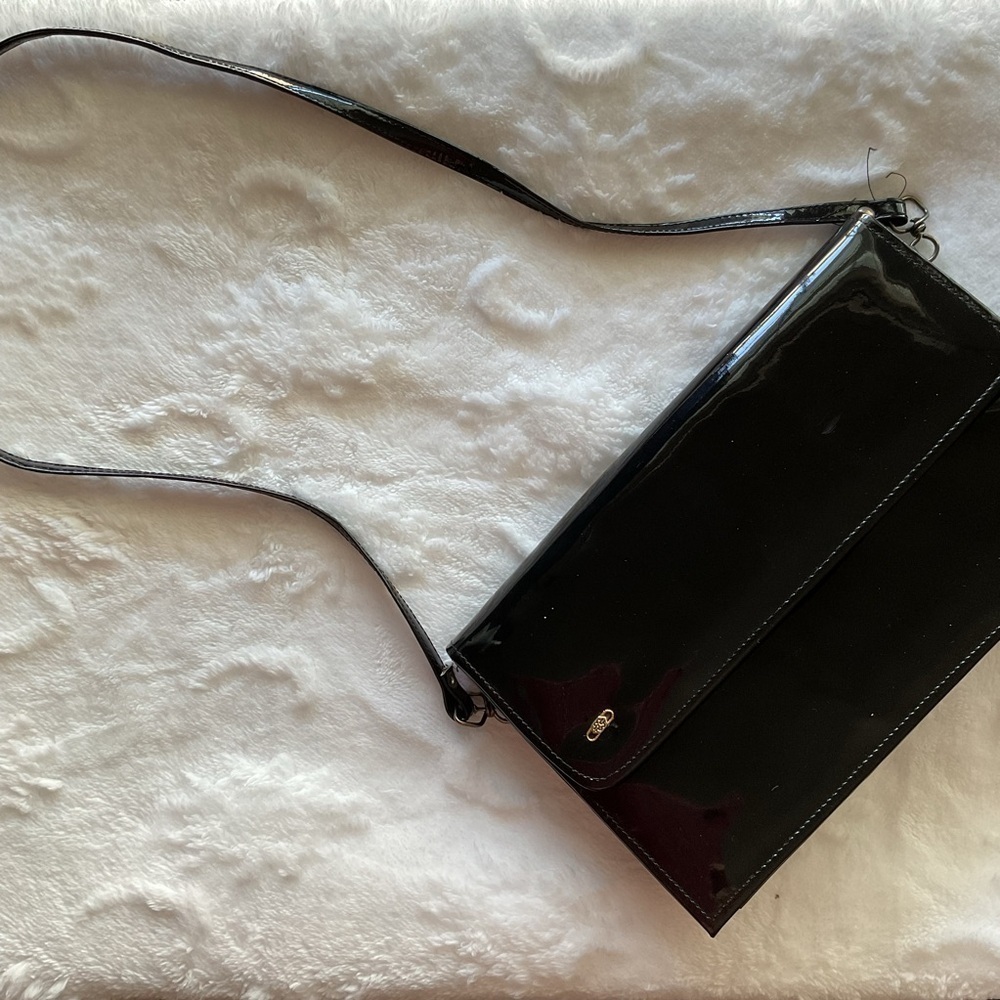 Vintage Black Envelope Clutch Evening Bag Slim Minimalist Purse with Chain Strap - Picture 5 of 5